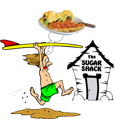 cartoon surfer running to the Sugar Shack