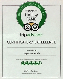 TripAdvisor 2015 Hall of Fame award to the HB Sugar Shack